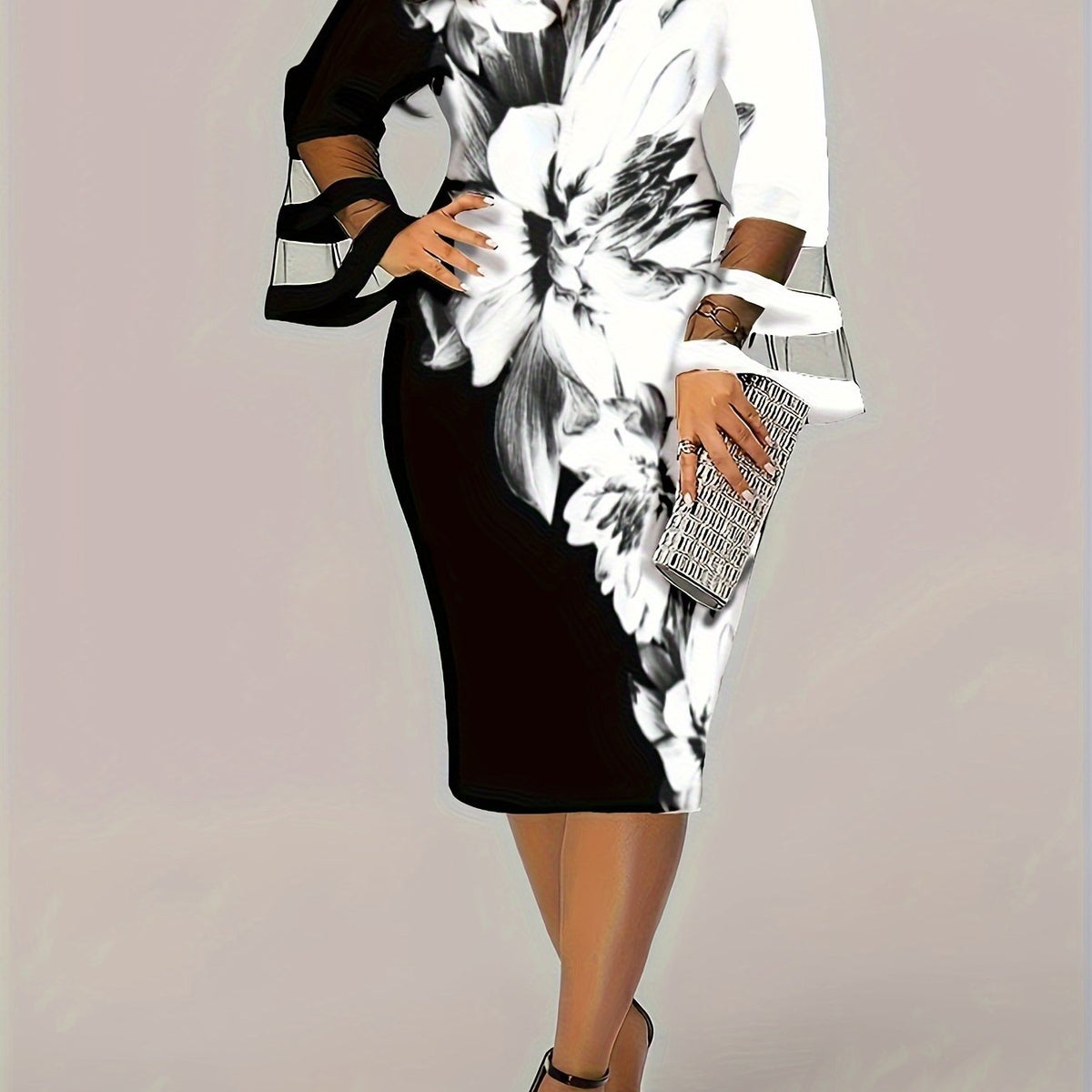  Colorblock Floral Print Mesh Midi Dress