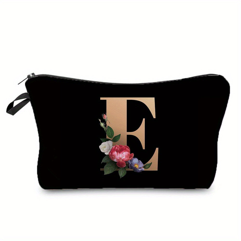 Flower & Letter Print Cosmetic Bag Zipper Makeup Pouch