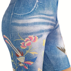 Women's Plus Floral & Denim Print High Rise Skinny Shorts