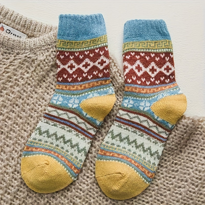 5 Pairs Geometric Pattern Socks Warm Mid Tube Women's Stockings