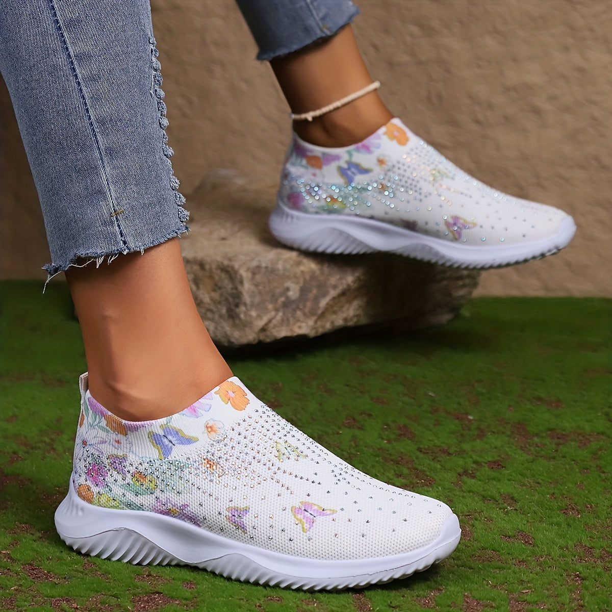 Floral Butterfly Pattern Sneakers Low Top Slip On Knit Sock Shoes