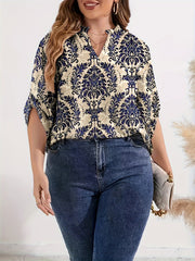  Boho Blouse Women's Plus Damask Print Notched Neck Blouse