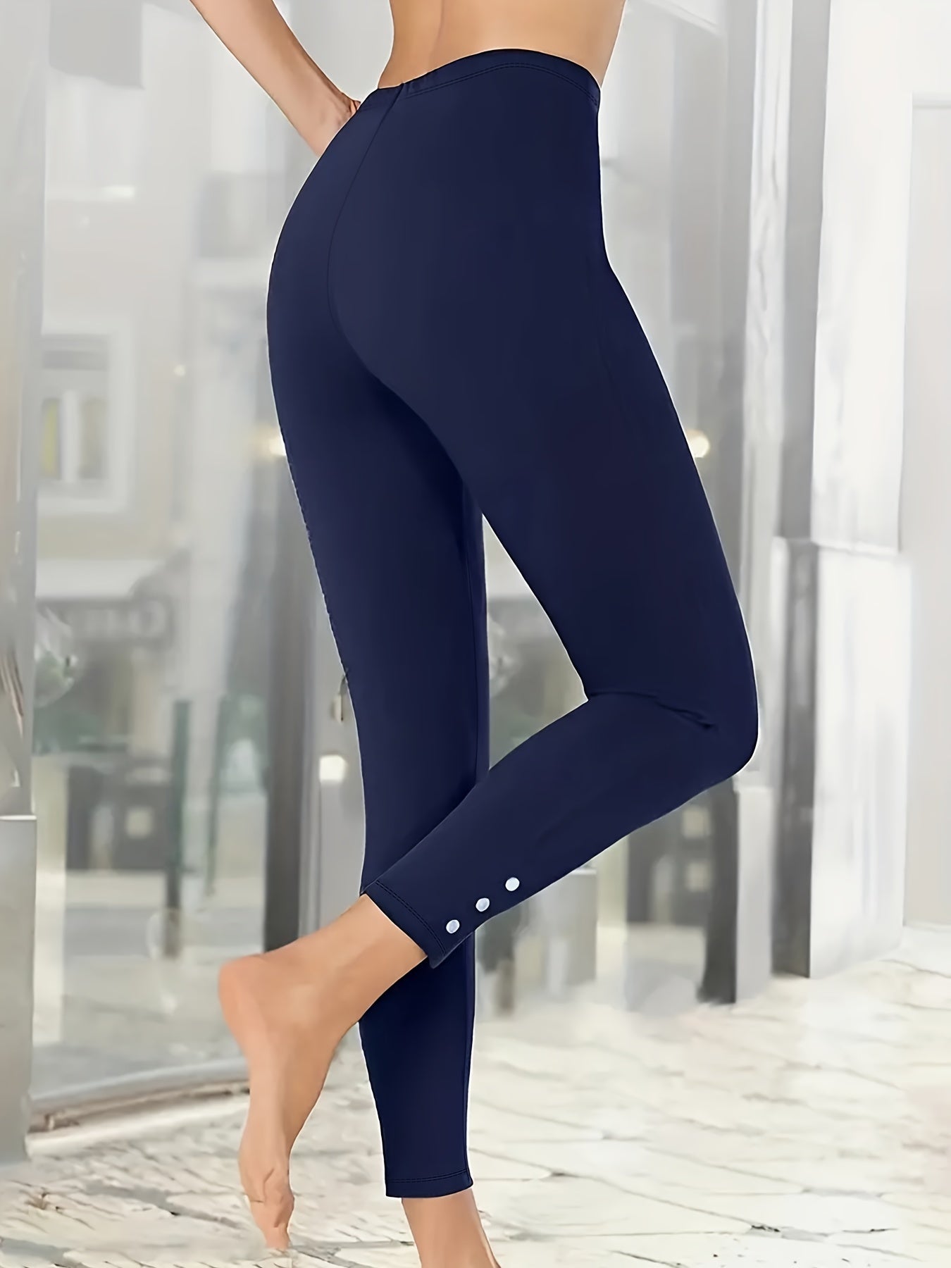  Sports Leggings Women's Plus Solid Button Decor Elastic High Waisted
