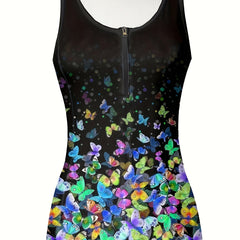 Plus Size Butterfly Print Half Zip Tennis Gym Tank Dress