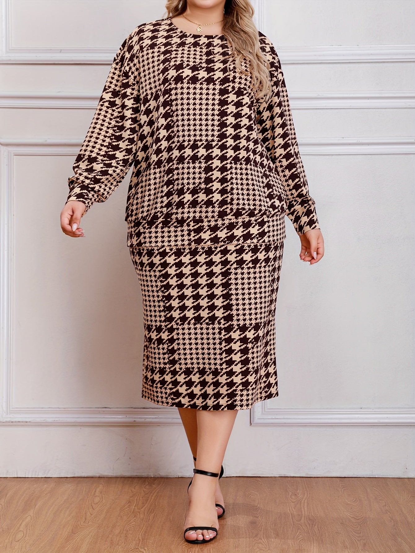  Houndstooth Print Top & Skirt Set