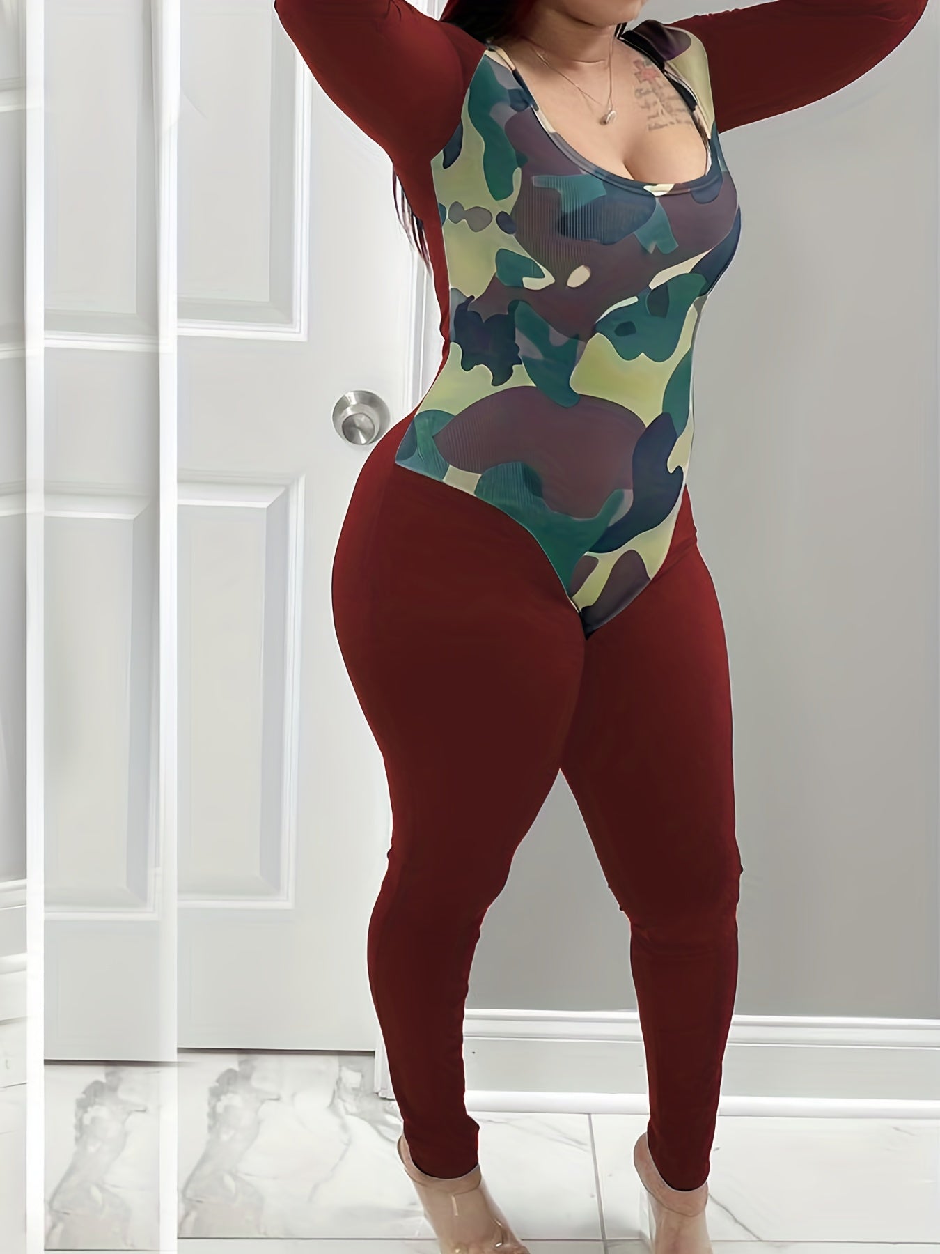 Camo Print Long Sleeve Jumpsuit Women's Clothing