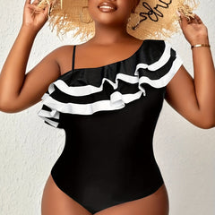  Sexy Swimsuit Women's Plus Contrast Trim Layered Ruffle
