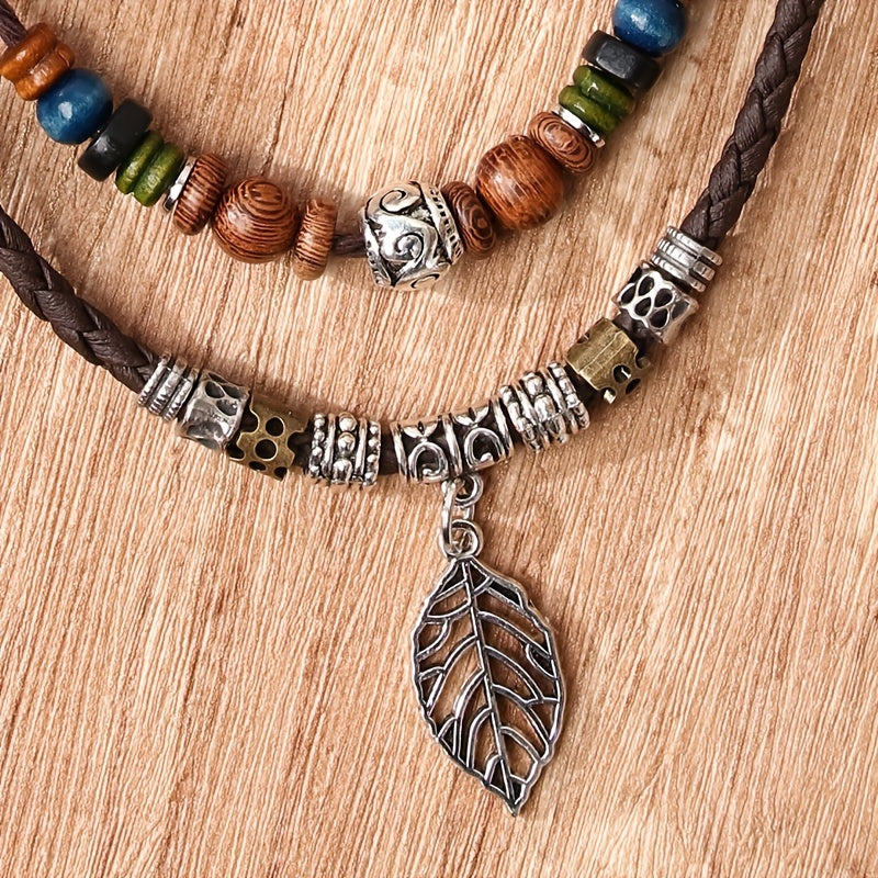 Women's PU Leaf Wooden Bead Necklace Party Jewelry Gift