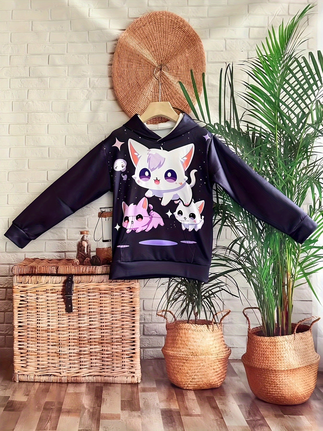 Starry Kitties Graphic Hoodies Girls Comfy Hooded Pullover