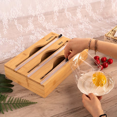 Bamboo Dispenser With Cutter For 12.5 Roll Foil Plastic Wrap Organizer