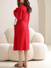 Women's Solid Lounge Robe V Neck Long Sleeve with Belt & Pockets