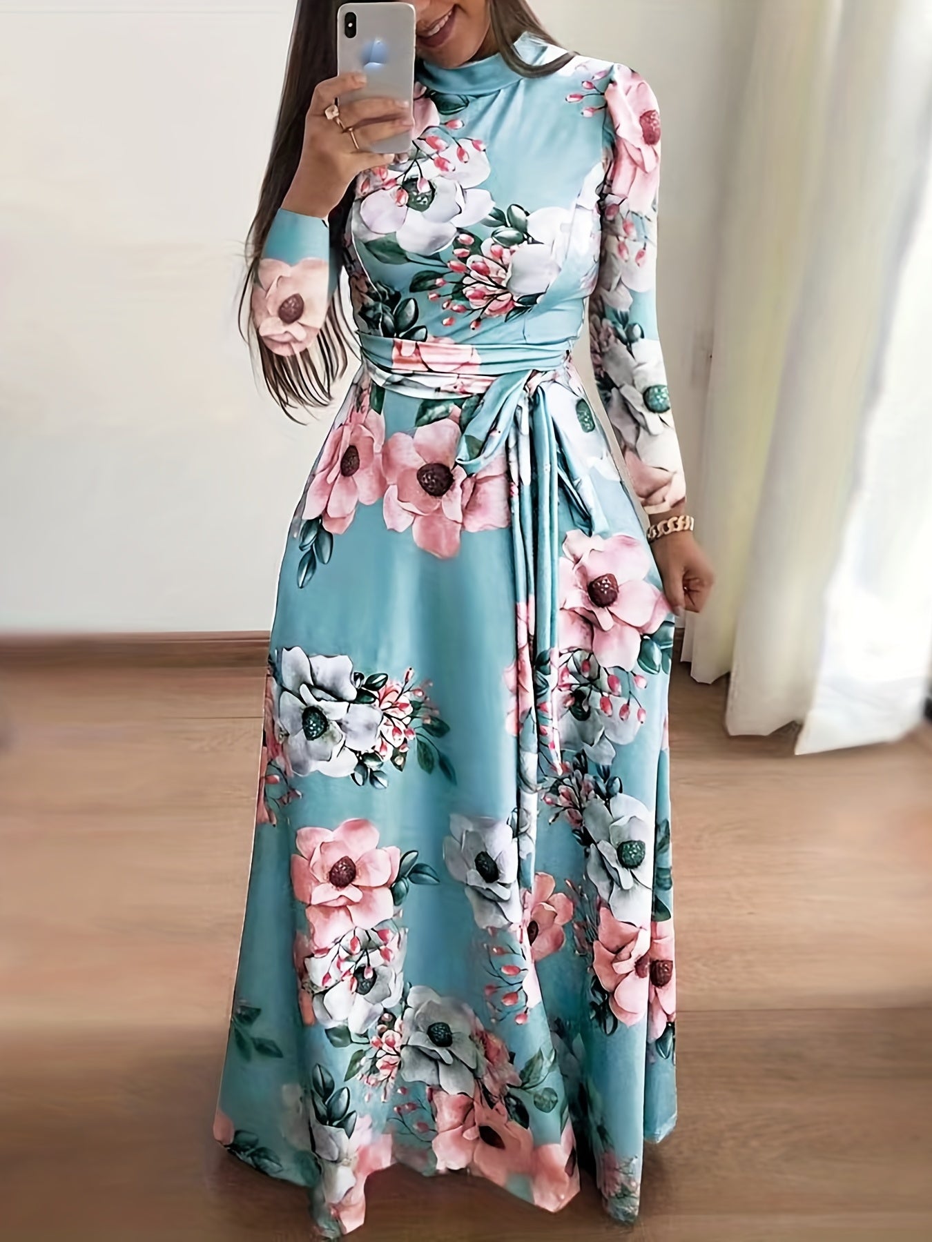  Casual Dress Women's Plus Floral Print Long Sleeve Round Neck