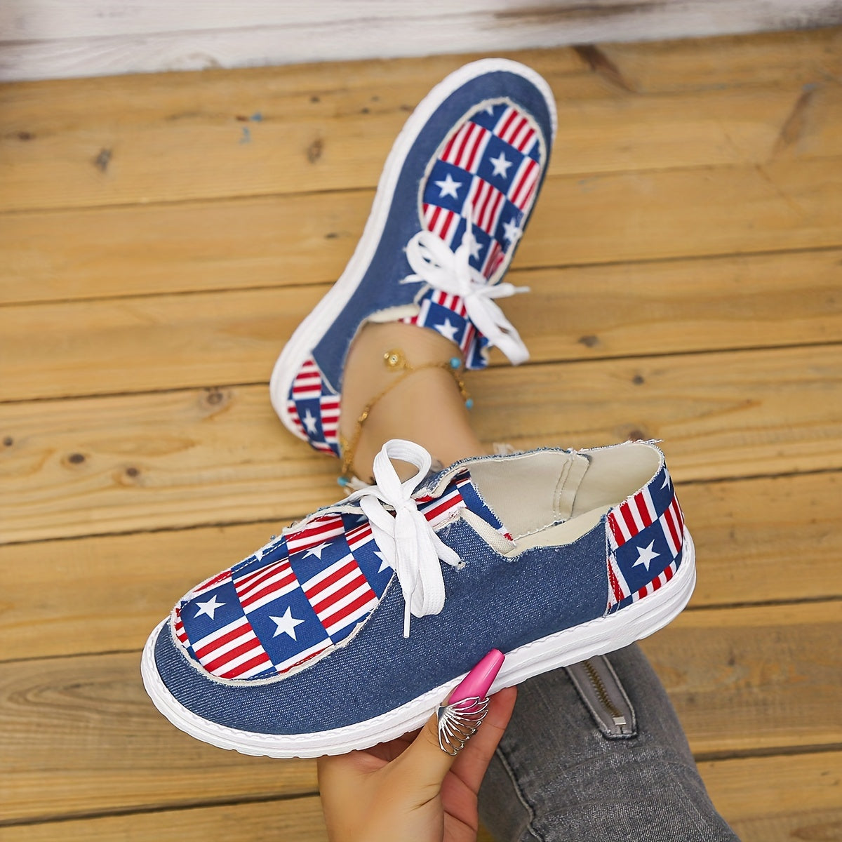 Women's 4th of July Flag Print Canvas Lace Up Low Top Shoes