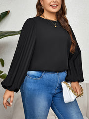  Solid Lantern Sleeve Round Neck Blouse