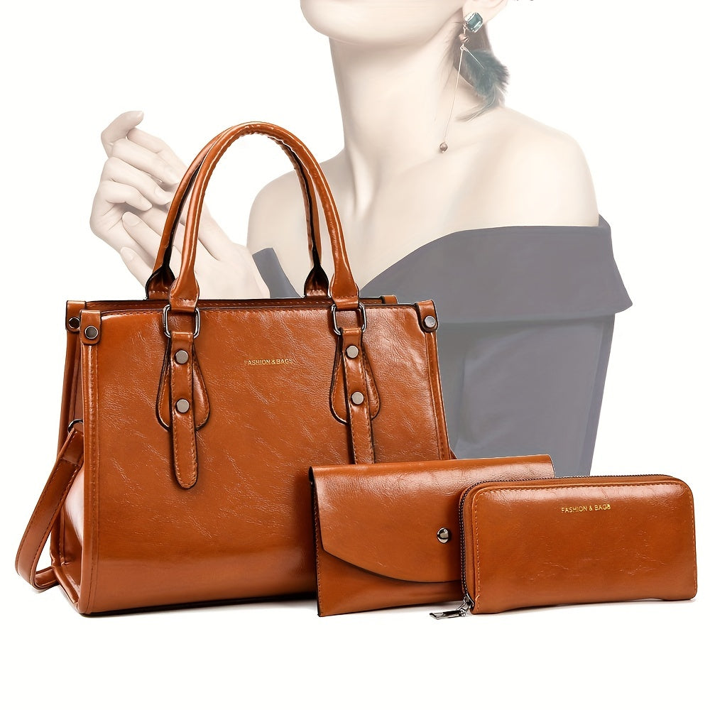 3PCS PU Leather Handbag Set Crossbody Bag & Clutch Purse With Zipper