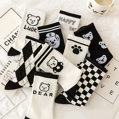5 Pairs Bear & Paw Print Mid Tube Socks Women's Stockings