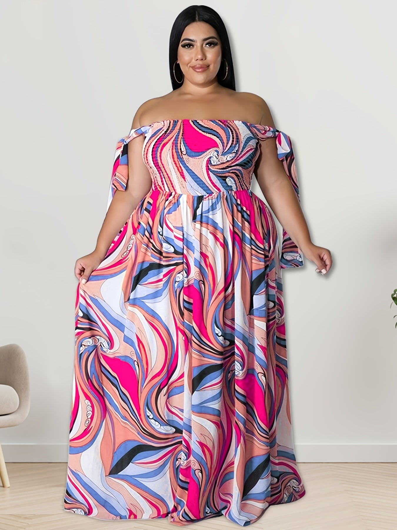  Off Shoulder Shirred Maxi Dress Women's Plus Medium Stretch
