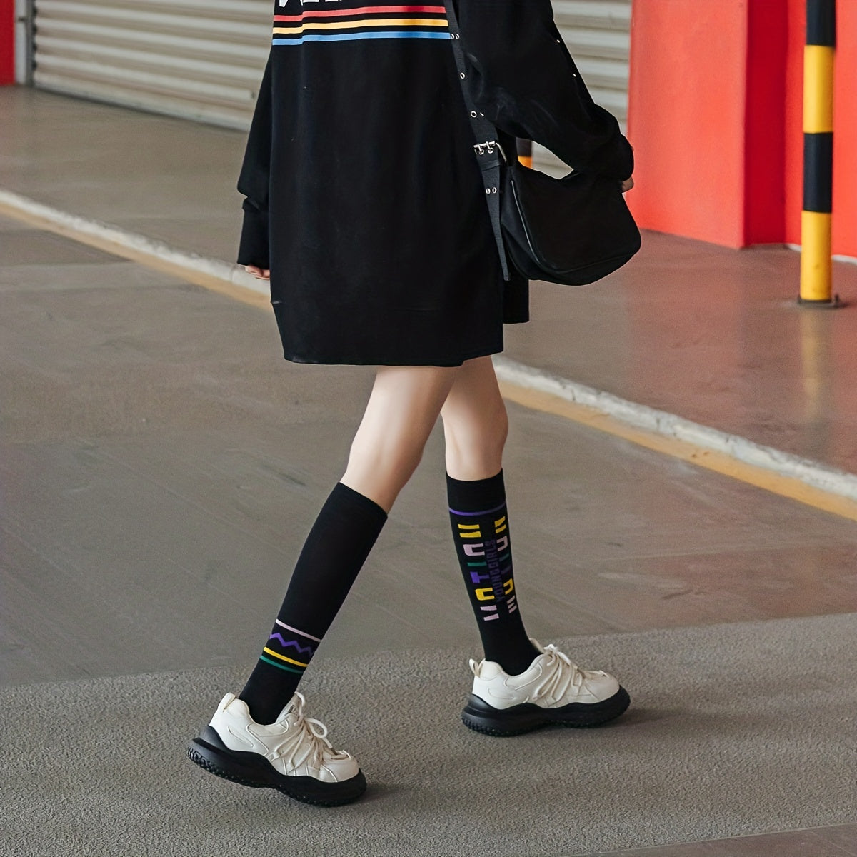 4 Pairs Letter Print Calf Socks Sports Knee High Stockings