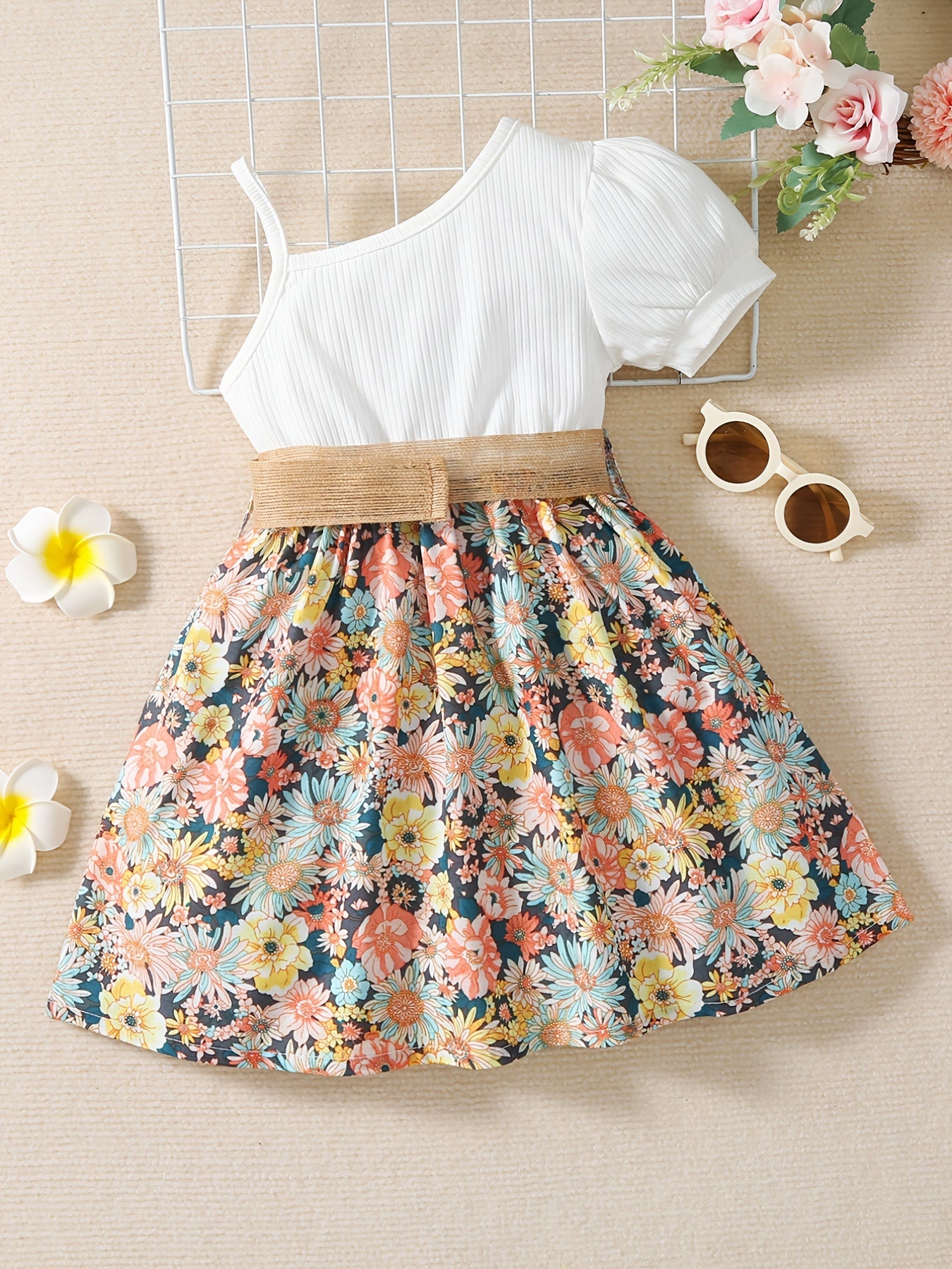 Girls Short Bubble Sleeve Floral Dress Kids Summer Clothes