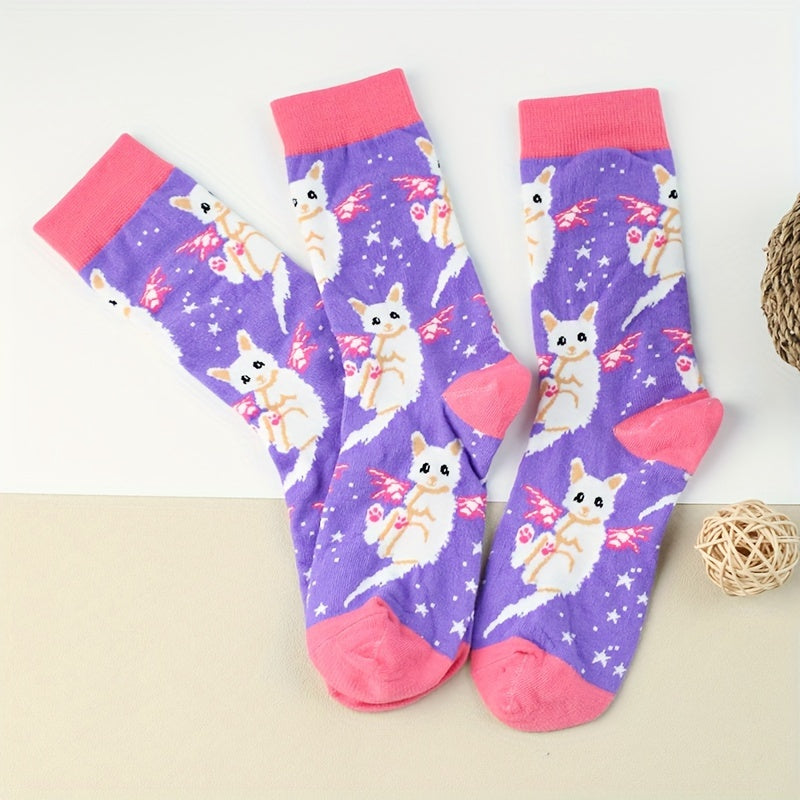 3 Pairs Cartoon Cat Print Socks Women's Stockings Mid Tube Comfy