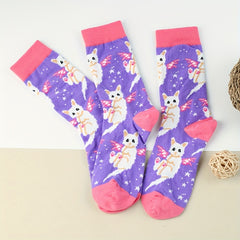 3 Pairs Cartoon Cat Print Socks Women's Stockings Mid Tube Comfy