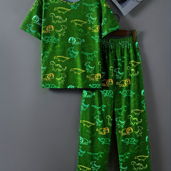 Boys Dino Print Pajama Set Short Sleeve Round Neck Elastic Waist Pants