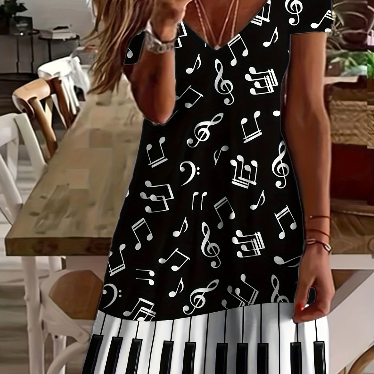  Piano & Music Note Print V Neck Dress