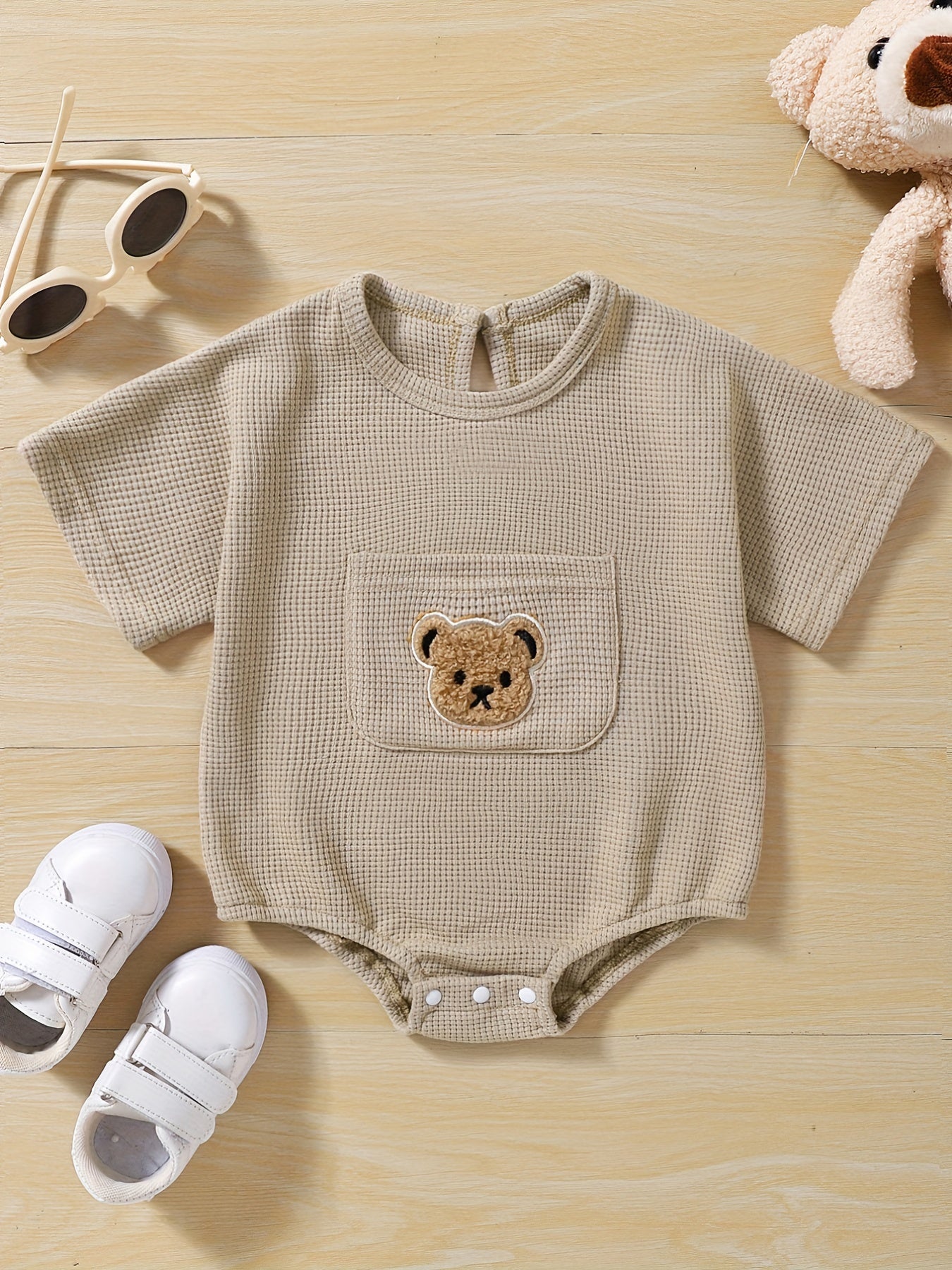Baby Girls Romper Knit Clothes Waffle Bear Pocket Onesie