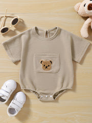 Baby Girls Romper Knit Clothes Waffle Bear Pocket Onesie