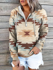 Geometric Print Kangaroo Pocket Zipper Hoodie Long Sleeve Hood