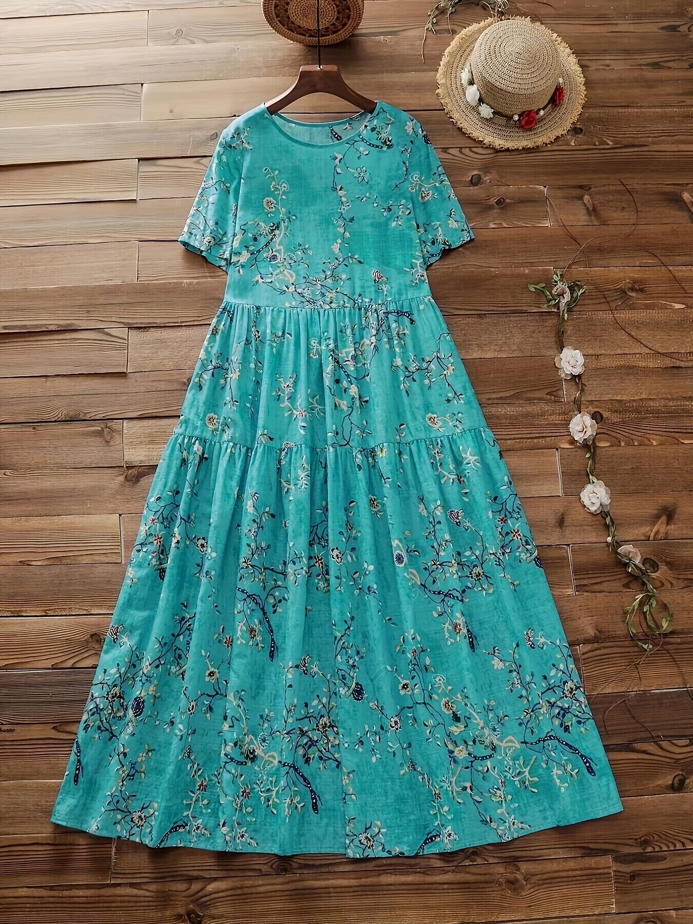  Floral Print Short Sleeve Round Neck Dress