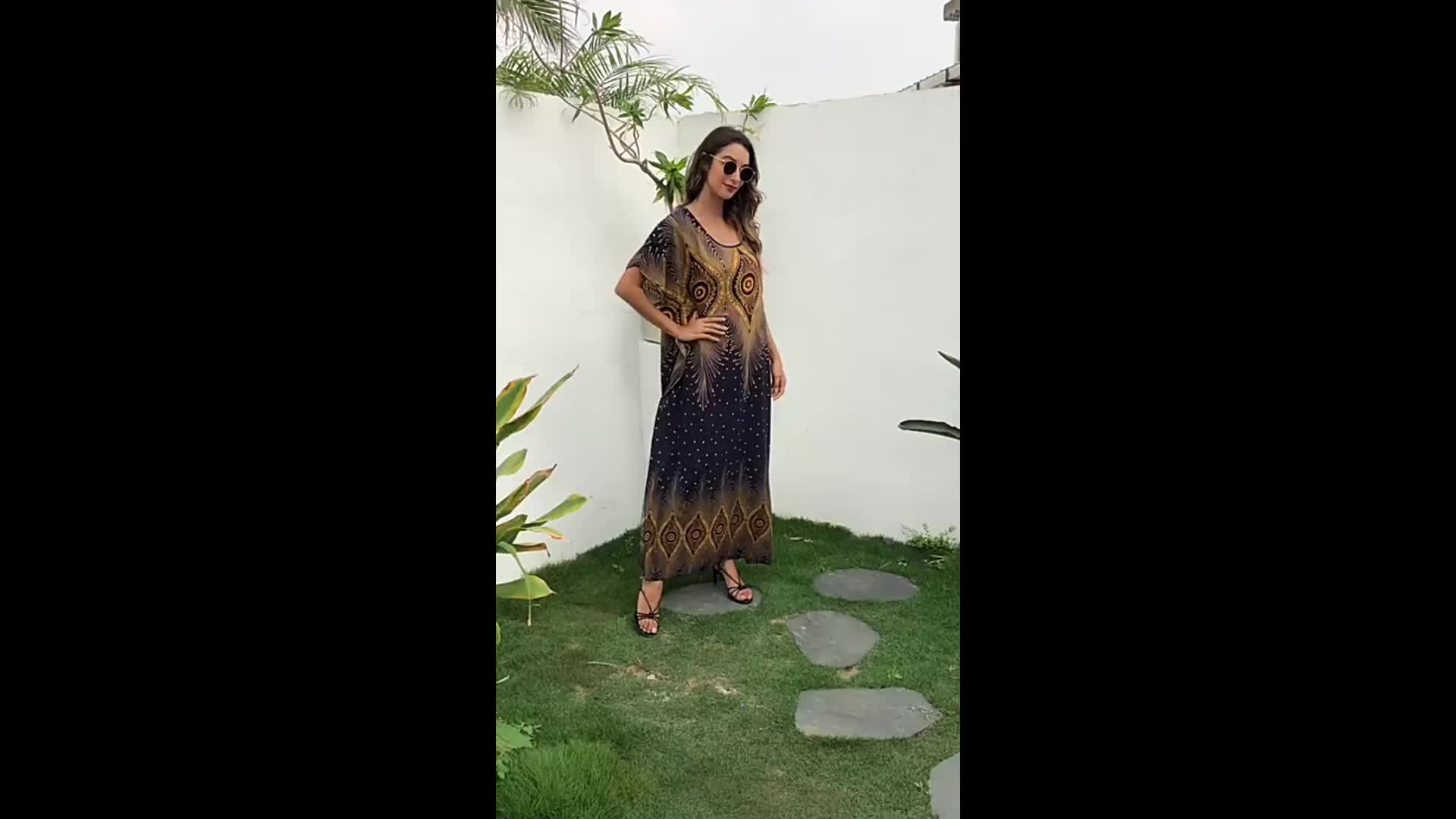  Boho Kaftan Dress Women's Plus Tribal Print Bat Sleeve