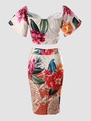 Boho Floral Print Two piece Set Off Shoulder Crop Top & Split Skirt