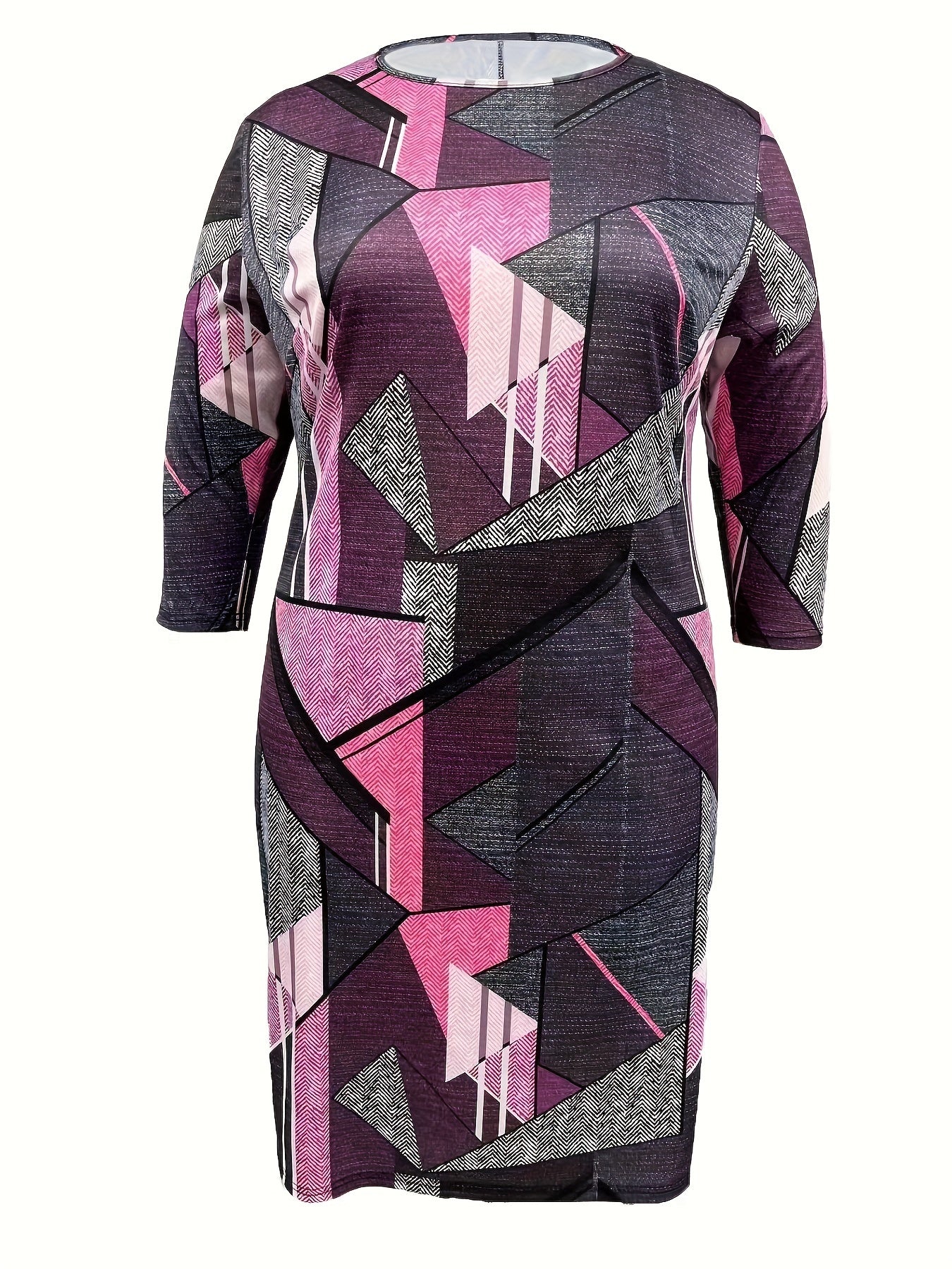  Geometric Print Three Quarter Sleeve Knee Length Dress
