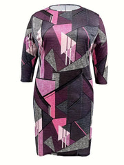  Geometric Print Three Quarter Sleeve Knee Length Dress