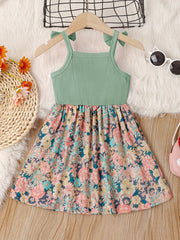Girl's Butterfly Bow Tie Shoulder Splicing Flower Pattern Suspender Dress