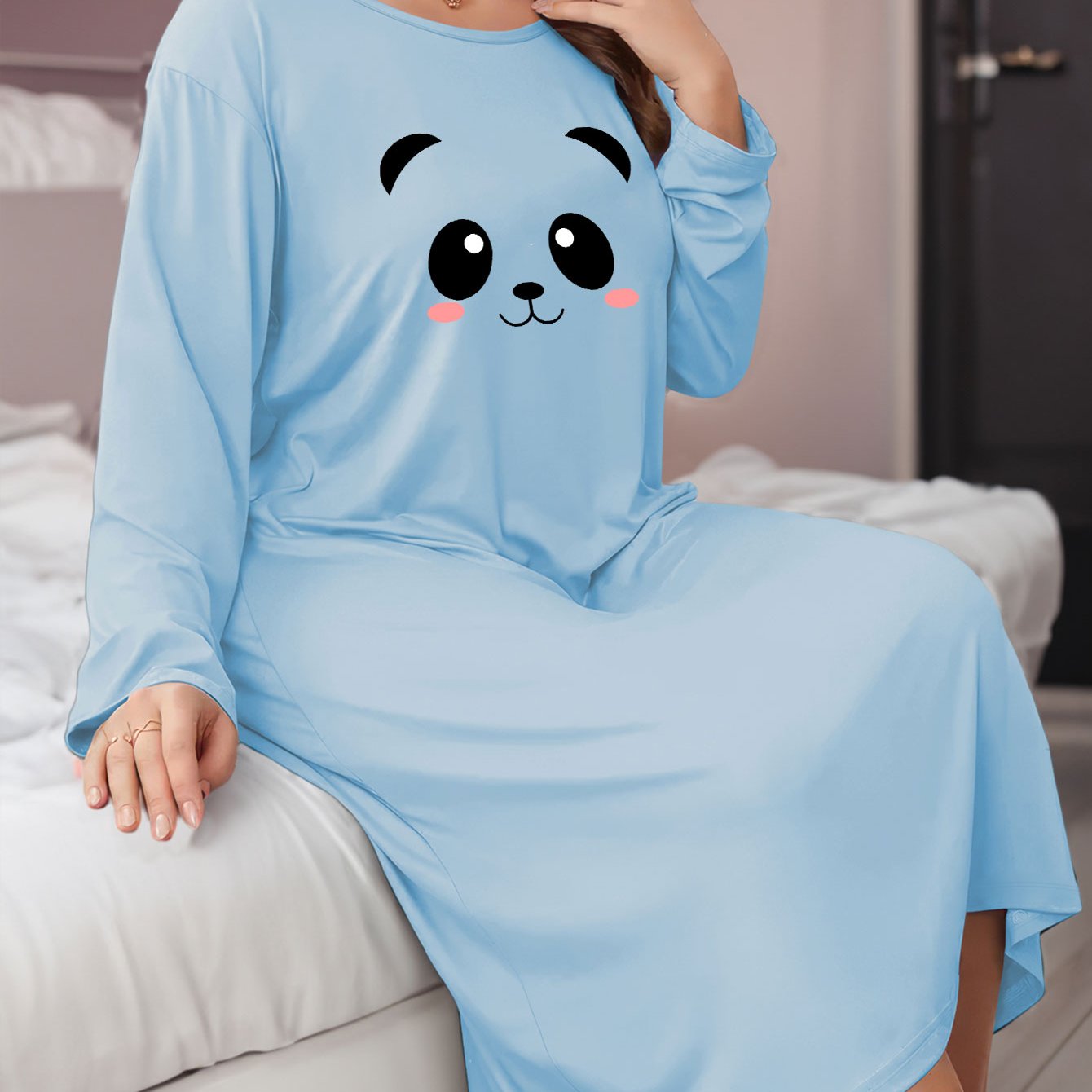  Panda Print Long Sleeve Round Neck Stretch Tee Sleep Dress