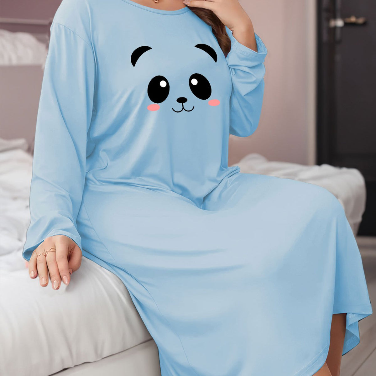  Panda Print Long Sleeve Round Neck Stretch Tee Sleep Dress
