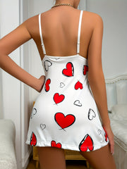 Heart Print Slip Lounge Dresses Contrast Lace V Neck Side Split
