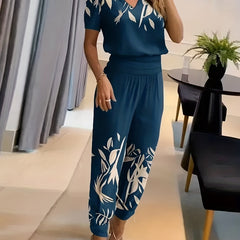  Leaf Print Top & Pants Two Piece Set