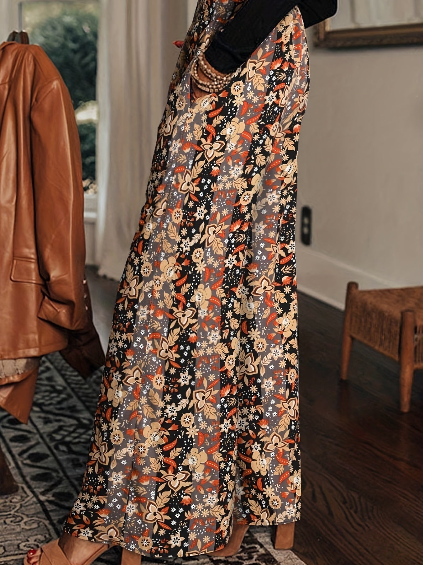 Plus Floral Stripe High Waisted Wide Leg Pants