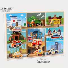Educational Toy: Wood Track Game with Vehicles & City Scene for Toddlers