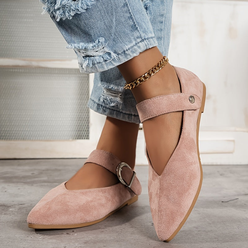 Women's Pointed Toe V-cut Loafers with Metal Buckle Strap