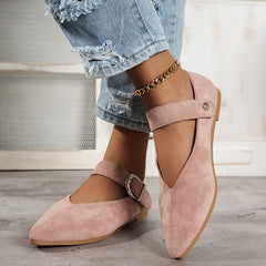 Women's Pointed Toe V-cut Loafers with Metal Buckle Strap