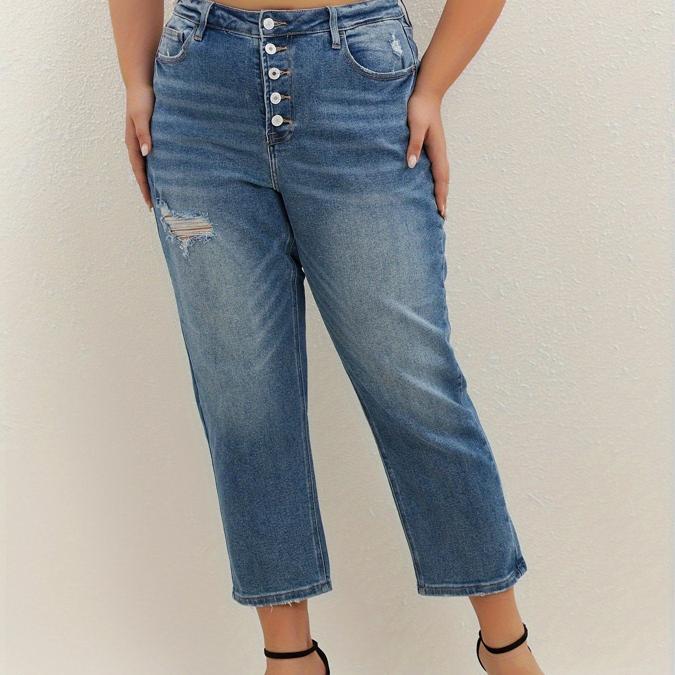  Ripped Button Up High Rise Crop Jeans