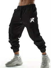 R Letter Print Cargo Pants for Men with Drawstring