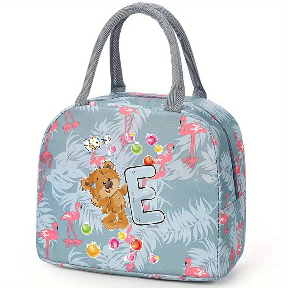 Insulated Lunch Bag with Bear & Tropical Letter A Thermal Cooler Tote