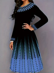  Women's Geo & Ombre Print Long Sleeve Round Neck A line Formal Dress