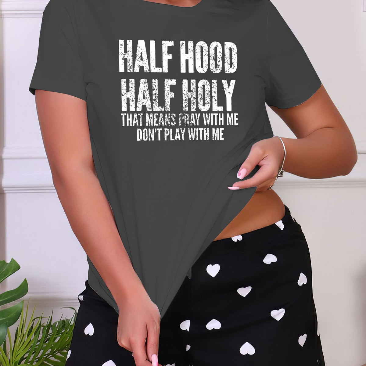 Letter Print Sleep Tops Short Sleeve Crew Neck Top Women's Pajamas