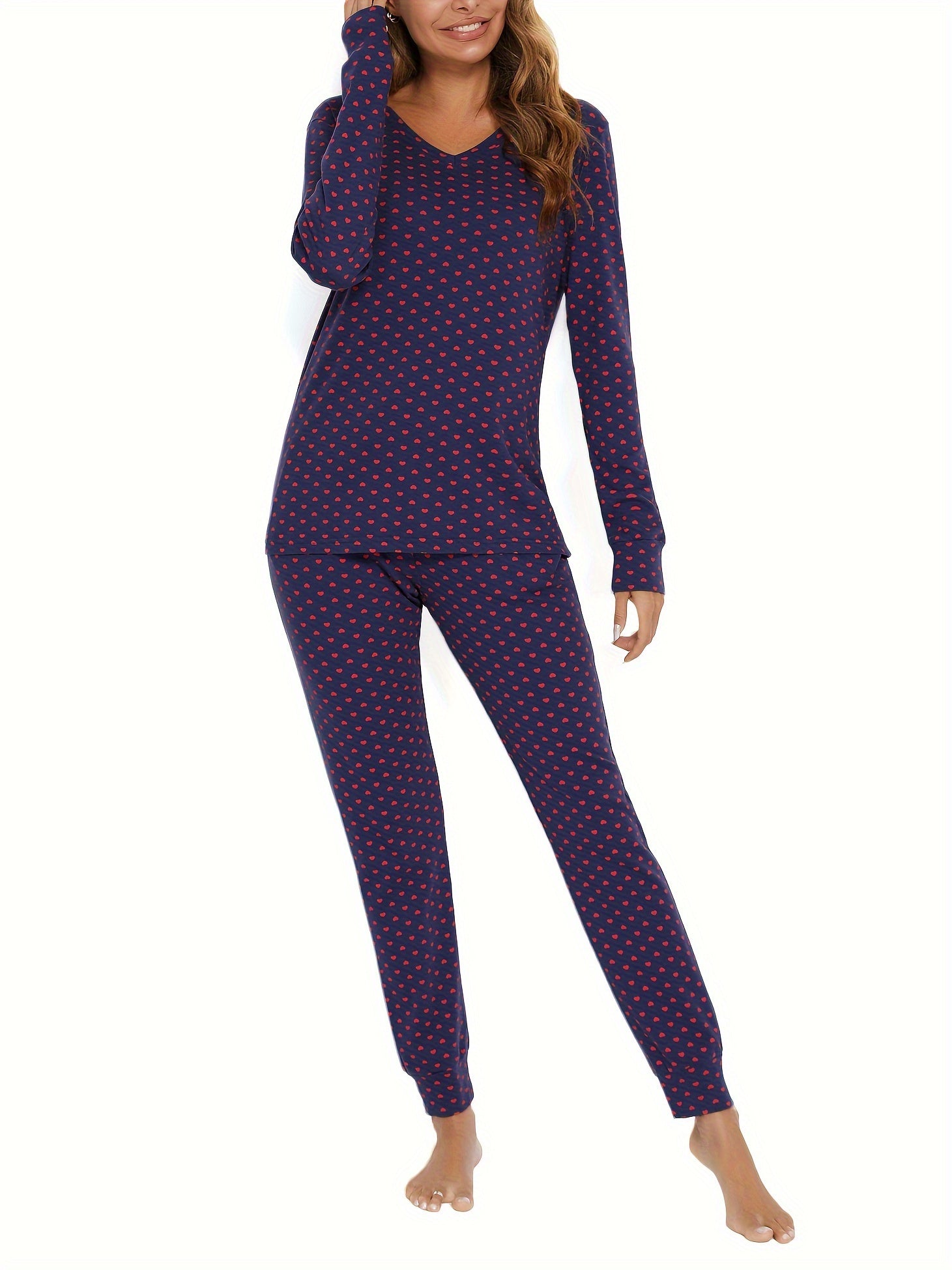 Heart Print Lounge Set Long Sleeve V Neck Top & Pants Women's